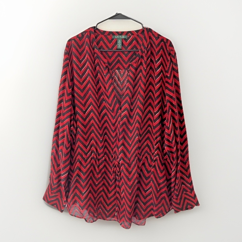 Lauren Ralph Lauren Blouse 2X Red Black Chevron V Neck Tunic Top Long Sleeve